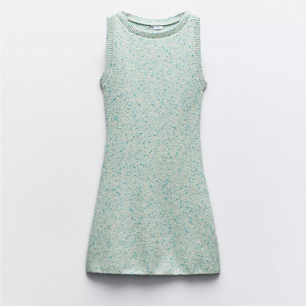 Zara Textured Knit Dress in Light Blue and Cream